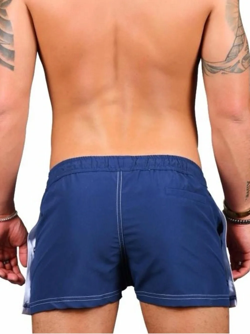 Andrew Christian Men's Navy Swim Shorts with Red Stripe S